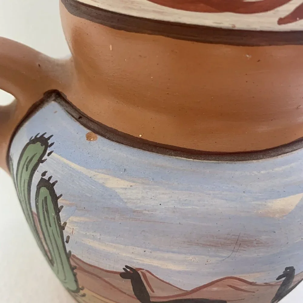 Clay Vase Desert Scene 11” by 8” Pottery Double Handle Cactus Llamas Southwest